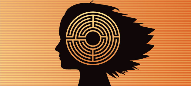 Illustration of maze over young girl's brain