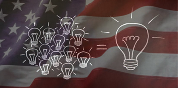 Lightbulb ideas over American flag