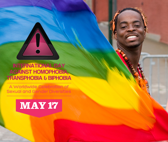 IDAHOT logo over man with rainbow flag